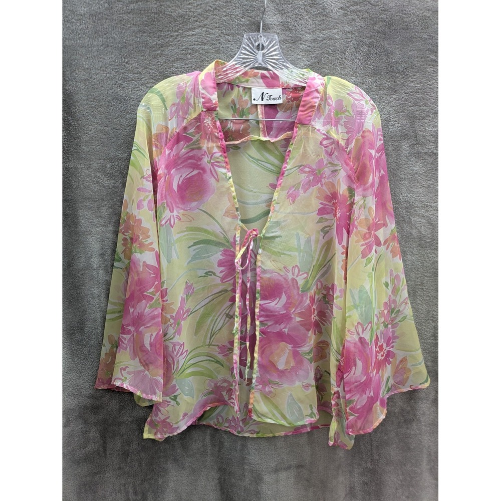 Fairycore Sheer Top‎ Women's L/14 Estimated Colorful Coverup Kimono Watercolor